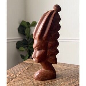 Exquisite Vintage Hand Carved African Tribal Bust Head Statue Ebony Wood Detail
